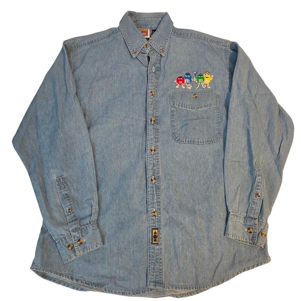 Vintage 90s Planet Mars M&M's Character Embroidered Denim Shirt Blue Point Small